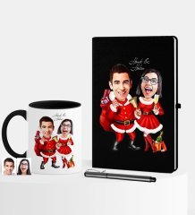 Kişiye Özel Yılbaşı Temalı Sevgililer Karikatürlü Siyah Defter Kalem Kupa Seti - 3