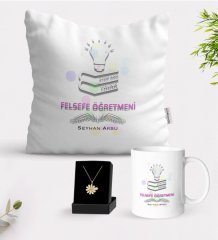 Kişiye Özel Felsefe Öğretmeni Beyaz Kupa Yastık ve İsimli Papatya Kolye Hediye Seti-2