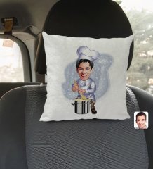 Kişiye Özel Aşçı Karikatürlü Kare Araç Koltuk Yastığı-1