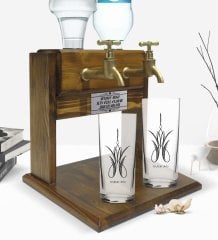 Kişiye Özel Renkli Baskılı İsimli İkili Rakı Bardağı ve Çift Musluklu Doğal Ahşap Rakı Standı-117