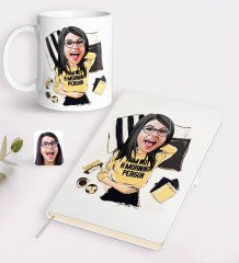 Kişiye Özel Kadın Moda İkonu Karikatürlü Beyaz Defter ve Kupa Hediye Seti-6