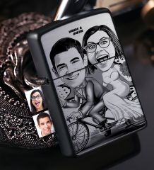 Kişiye Özel Gelin Damat Karikatürlü Benzinli Siyah Metal Çakmak - 3