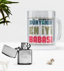 Kişiye Özel Dünyanın En İyi Babası Cam Kupa Bardak Benzinli Metal Çakmak Seti-1
