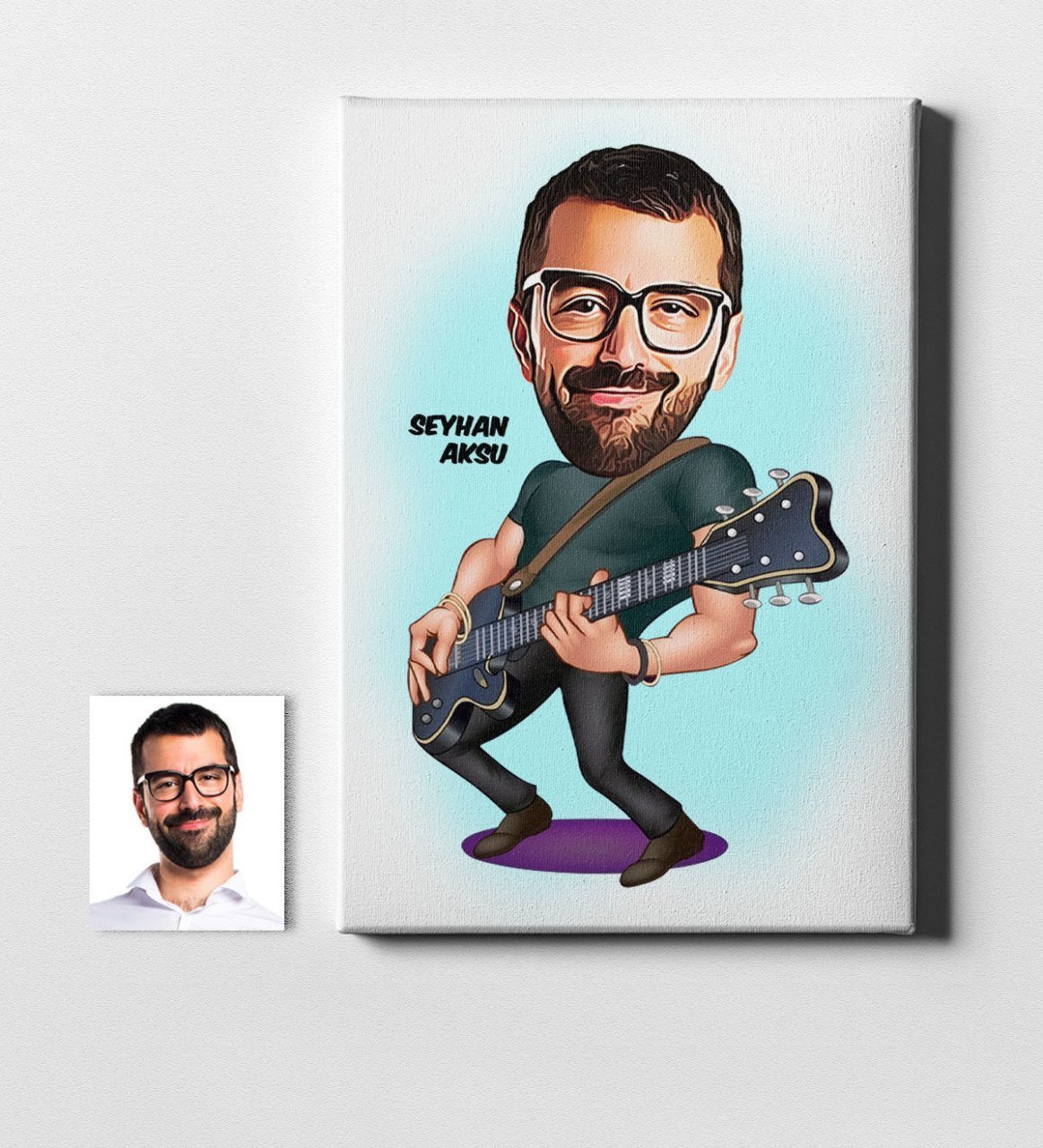 Kişiye Özel Bay Gitarist Karikatür Kanvas Tablo (50 x 70 cm.) 1