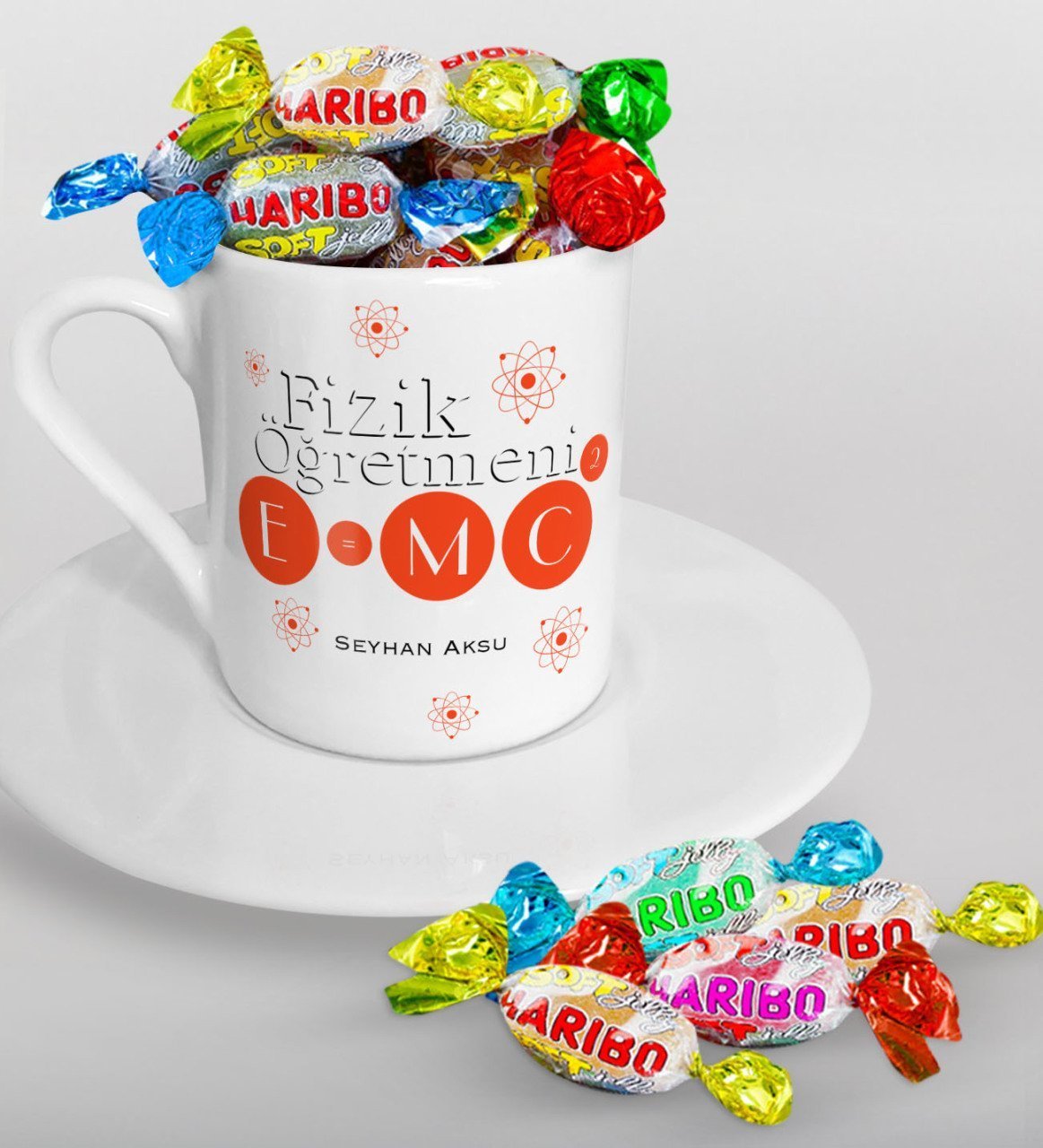 Kişiye Özel Fizik Öğretmeni Türk Kahvesi Fincanı ve Haribo Şeker Hediye Seti-2