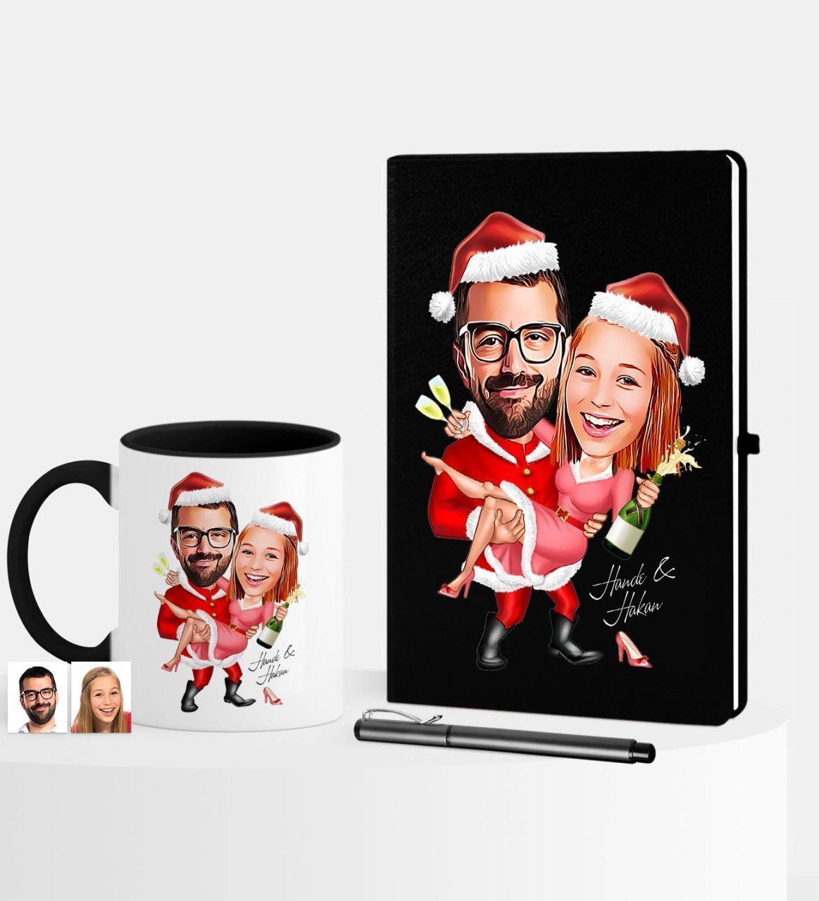 Kişiye Özel Yılbaşı Temalı Sevgililer Karikatürlü Siyah Defter Kalem Kupa Seti - 2