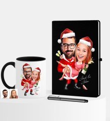 Kişiye Özel Yılbaşı Temalı Sevgililer Karikatürlü Siyah Defter Kalem Kupa Seti - 2