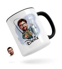 Kişiye Özel Erkek Balıkçı Karikatürlü Siyah Kupa Bardak