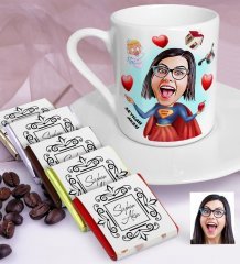 Kişiye Özel Süper Anne Karikatürlü Türk Kahvesi Fincanı ve Çikolata Seti