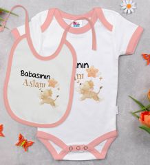 BK Kids Babasının Aslanı Tasarımlı Pembe Bebek Body Zıbın ve Mama Önlüğü Hediye Seti-1