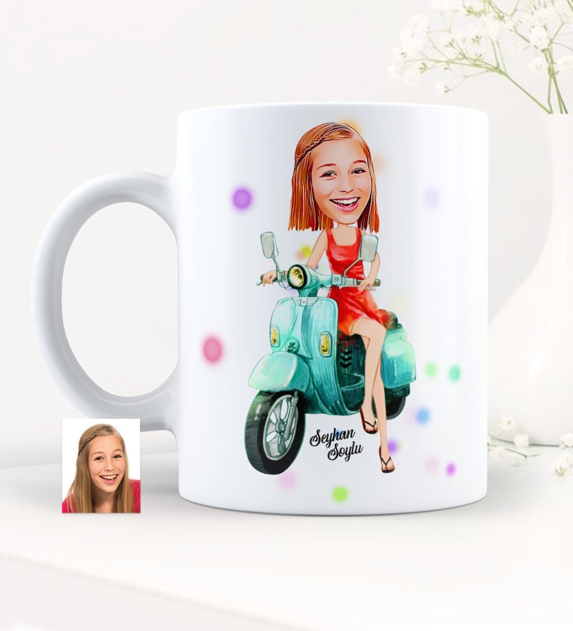 Kişiye Özel Bayan Vespa Temalı Karikatürlü Beyaz Kupa Bardak