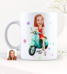 Kişiye Özel Bayan Vespa Temalı Karikatürlü Beyaz Kupa Bardak