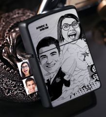 Kişiye Özel Gelin Damat Karikatürlü Benzinli Siyah Metal Çakmak - 2