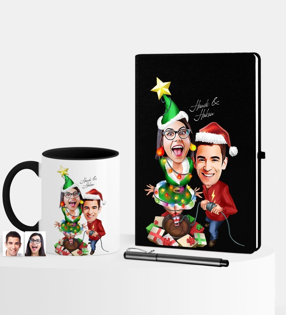 Kişiye Özel Yılbaşı Temalı Sevgililer Karikatürlü Siyah Defter Kalem Kupa Seti - 1