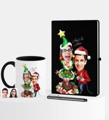 Kişiye Özel Yılbaşı Temalı Sevgililer Karikatürlü Siyah Defter Kalem Kupa Seti - 1