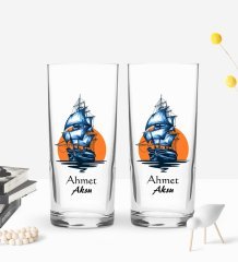 Kişiye Özel Gemi Tasarımlı 2’li Rakı Bardağı ve Meze Tabaklı Doğal Masif Ahşap Servis Sunum Tepsisi Model 1