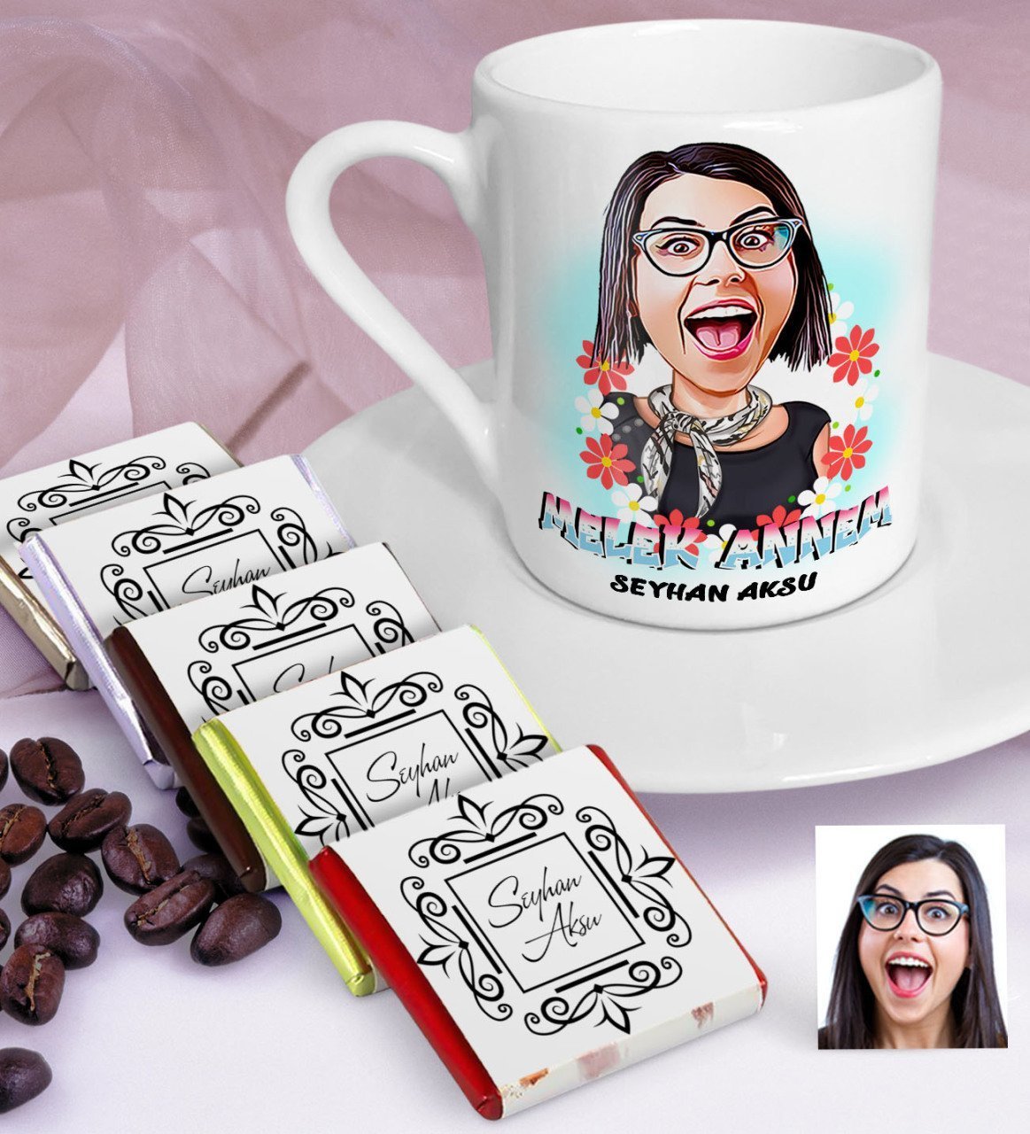 Kişiye Özel Melek Annem Karikatürlü Türk Kahvesi Fincanı ve Çikolata Seti