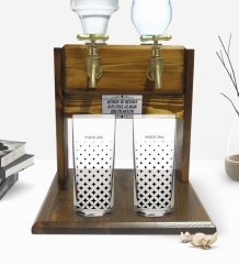 Kişiye Özel Renkli Baskılı İsimli İkili Rakı Bardağı ve Çift Musluklu Doğal Ahşap Rakı Standı-115