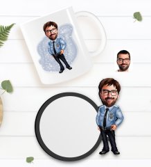 Kişiye Özel Erkek Polis Karikatürlü Beyaz Kupa ve Ahşap Bardak Altlığı Hediye Seti-1
