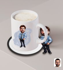 Kişiye Özel Erkek Polis Karikatürlü Beyaz Kupa ve Ahşap Bardak Altlığı Hediye Seti-1