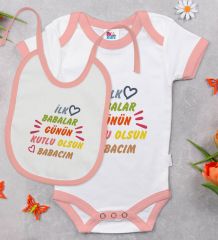 BK Kids İlk Babalar Günü Tasarımlı Pembe Bebek Body Zıbın ve Mama Önlüğü Hediye Seti-1