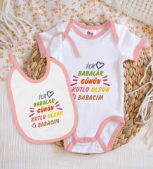 BK Kids İlk Babalar Günü Tasarımlı Pembe Bebek Body Zıbın ve Mama Önlüğü Hediye Seti-1