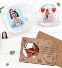 Kişiye Özel Fotoğraflı Kar Küresi & Happy New Year Kupa Bardak & Retro Ahşap Yılbaşı Tebrik Kartı Hediye Seti-12B