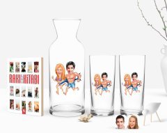 Kişiye Özel Renkli Baskılı Sevgililer Karikatürlü İkili Rakı Bardağı Karaf ve Cep Kitabı Hediye Seti-8