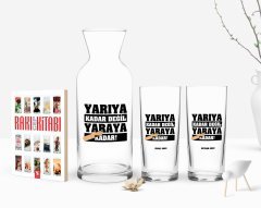 Kişiye Özel Renkli Baskılı Yarıya Kadar Değil Yaraya Kadar Tasarımlı İkili Rakı Bardağı Karaf ve Cep Kitabı Hediye Seti-2
