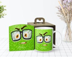 Kişiye Özel Ahşap Kutuda Emoji Tasarımlı Beyaz Kupa Bardak-1