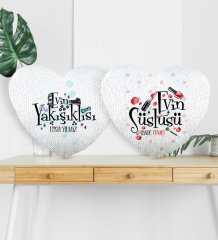 Kişiye Özel İkili Evin Yakışıklısı ve Süslüsü Altın Yaldız Sihirli Kalp Yastık - 4