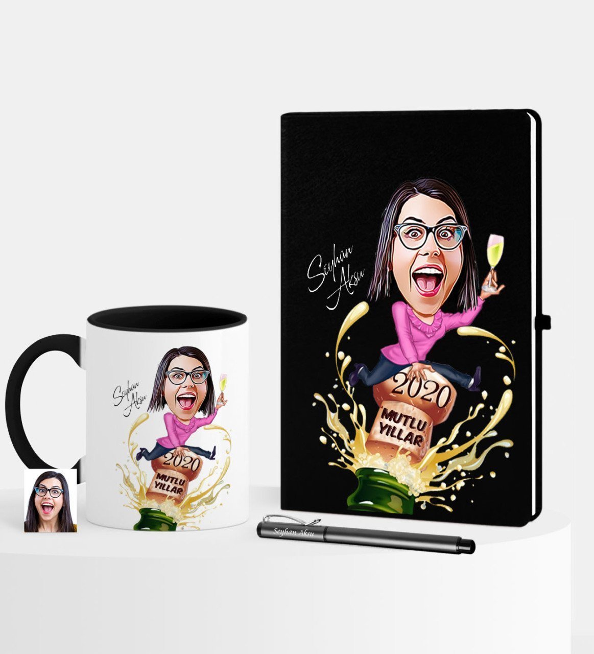 Kişiye Özel Yılbaşı Temalı Bayan Karikatürlü Siyah Defter Kalem Kupa Seti - 6