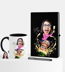 Kişiye Özel Yılbaşı Temalı Bayan Karikatürlü Siyah Defter Kalem Kupa Seti - 6