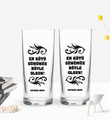 Kişiye Özel En Kötü Günümüz Böyle Olsun Tasarımlı 2’li Rakı Bardağı ve Meze Tabaklı Doğal Masif Ahşap Servis Sunum Tepsisi Model 1