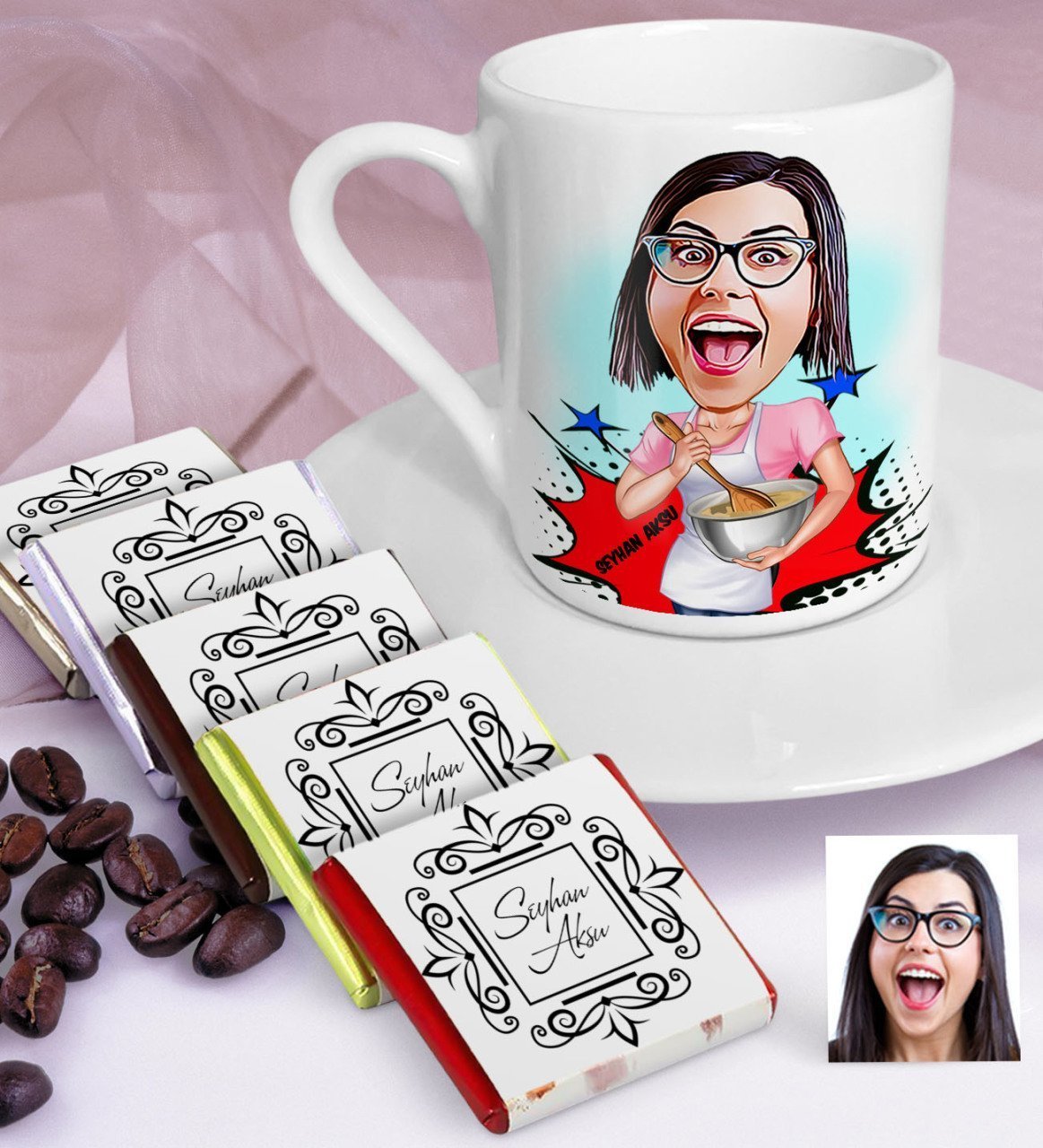 Kişiye Özel Ev Hanımı Anne Karikatürlü Türk Kahvesi Fincanı ve Çikolata Seti - 3