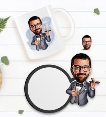 Kişiye Özel Erkek Patron Karikatürlü Beyaz Kupa ve Ahşap Bardak Altlığı Hediye Seti-3