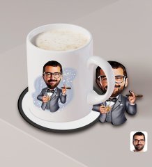 Kişiye Özel Erkek Patron Karikatürlü Beyaz Kupa ve Ahşap Bardak Altlığı Hediye Seti-3