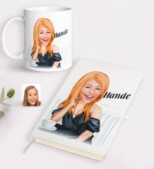 Kişiye Özel Kadın Moda İkonu Karikatürlü Beyaz Defter ve Kupa Hediye Seti-3