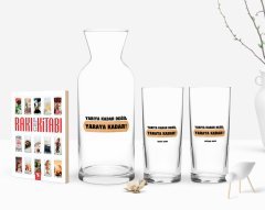 Kişiye Özel Renkli Baskılı Yarıya Kadar Değil Yaraya Kadar Tasarımlı İkili Rakı Bardağı Karaf ve Cep Kitabı Hediye Seti-1