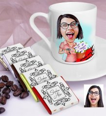 Kişiye Özel Ev Hanımı Anne Karikatürlü Türk Kahvesi Fincanı ve Çikolata Seti - 2