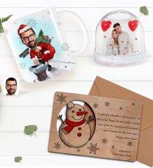 Kişiye Özel Fotoğraflı Kar Küresi & Happy New Year Kupa Bardak & Retro Ahşap Yılbaşı Tebrik Kartı Hediye Seti-11D