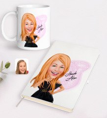 Kişiye Özel Kadın Moda İkonu Karikatürlü Beyaz Defter ve Kupa Hediye Seti-2