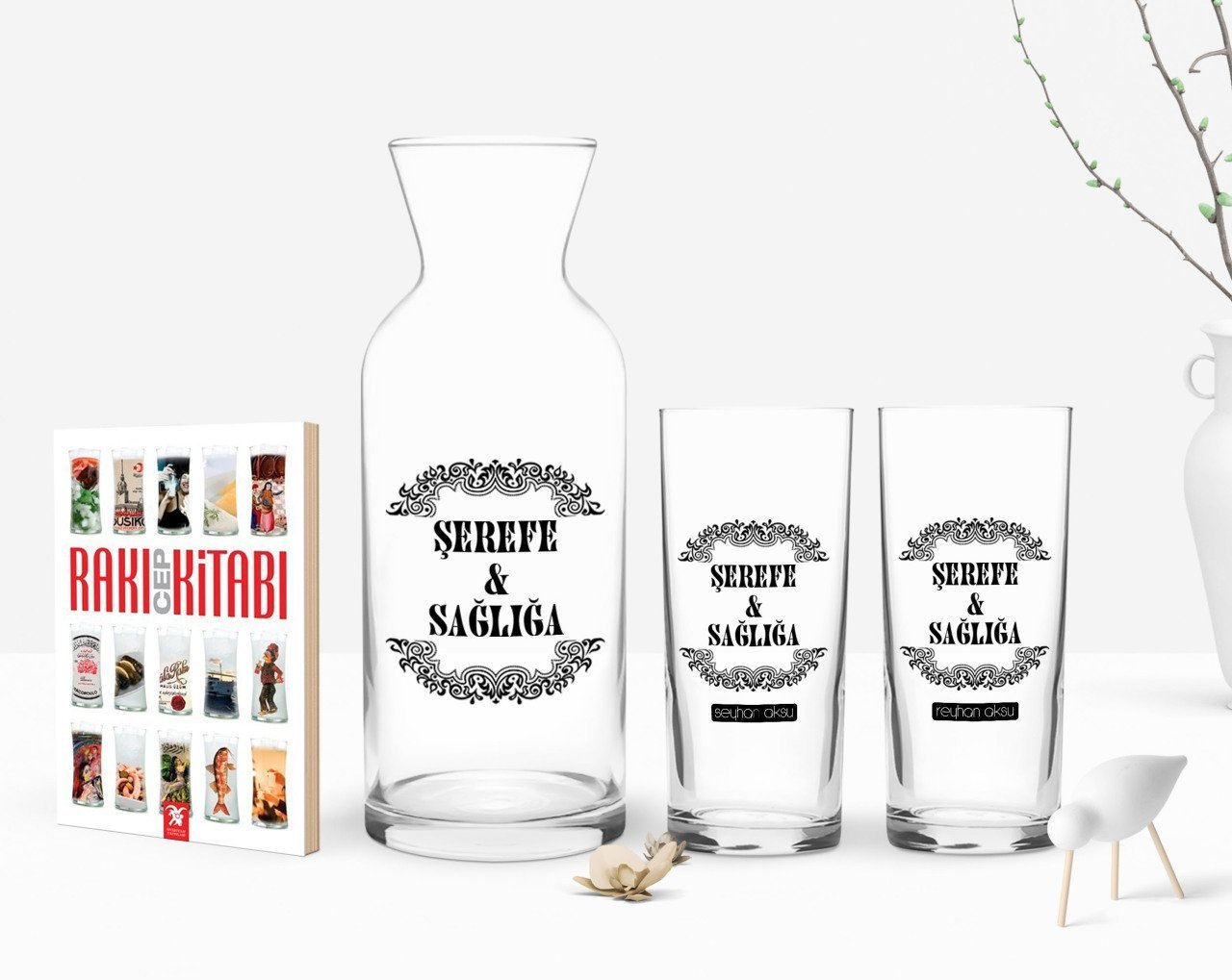 Kişiye Özel Renkli Baskılı Şerefe ve Sağlığa Tasarımlı İkili Rakı Bardağı Karaf ve Cep Kitabı Hediye Seti-1