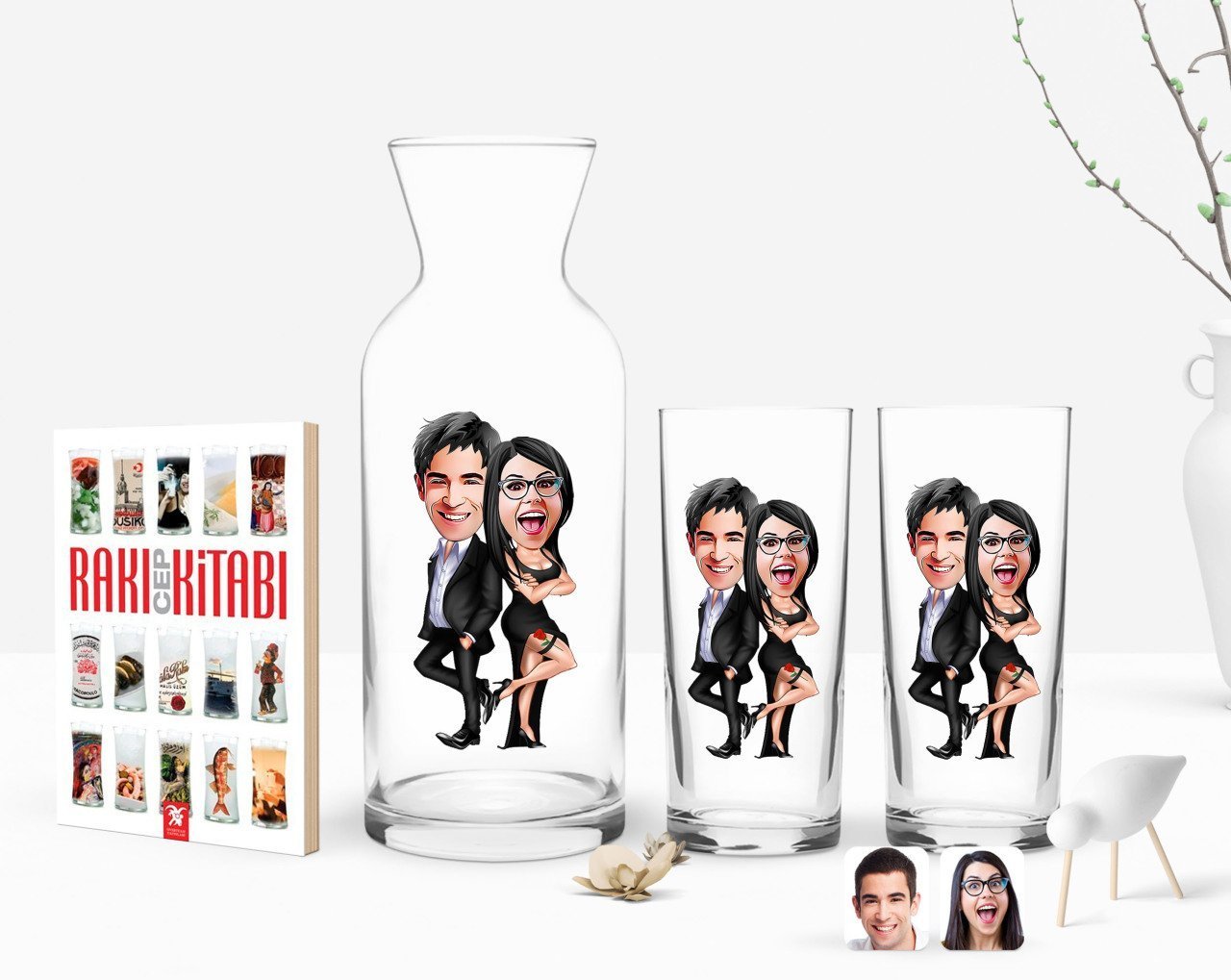 Kişiye Özel Renkli Baskılı Sevgililer Karikatürlü İkili Rakı Bardağı Karaf ve Cep Kitabı Hediye Seti-6