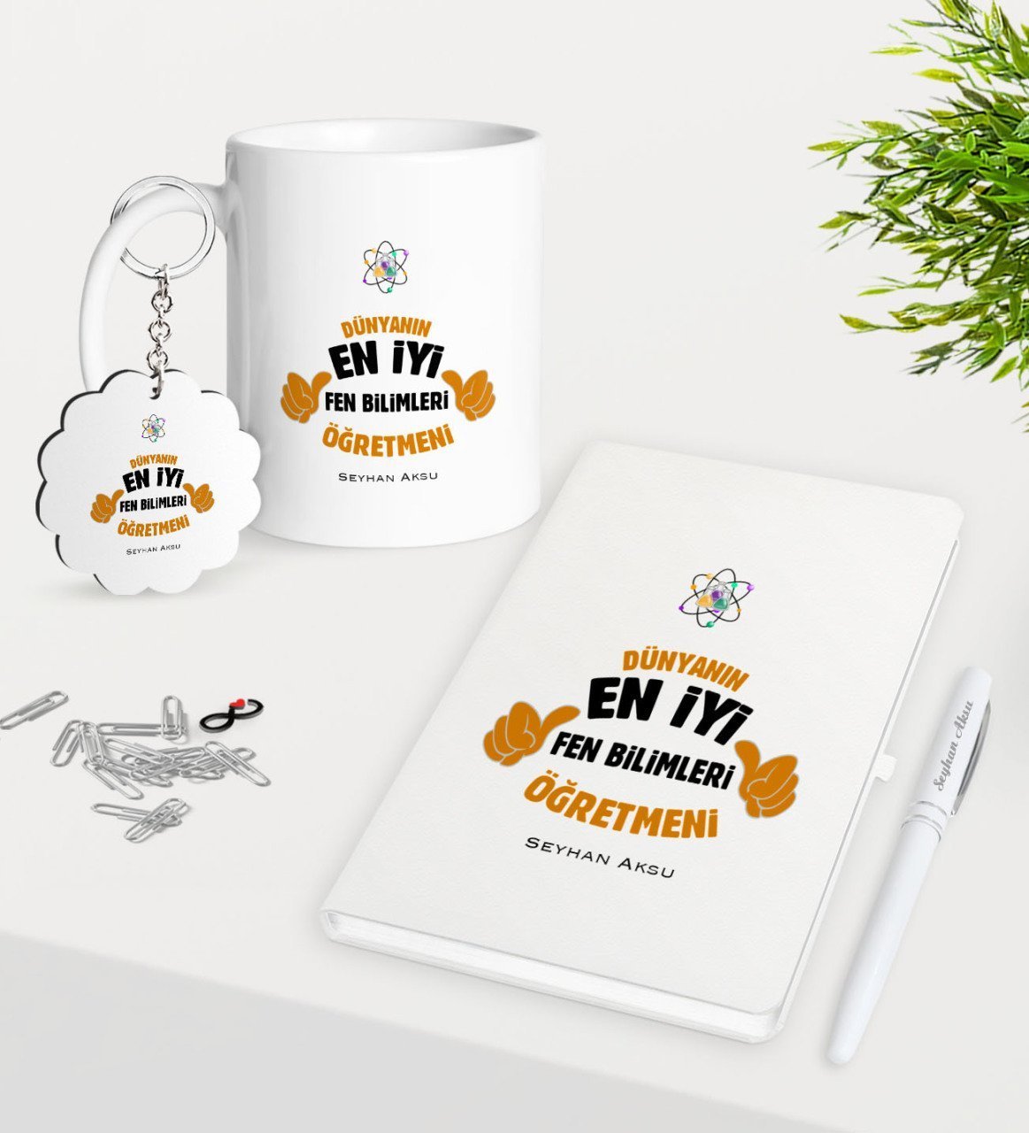 Kişiye Özel Fen Bilimleri Öğretmeni Kupa Anahtarlık Beyaz Defter Kalem Hediye Seti-1