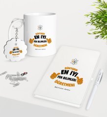 Kişiye Özel Fen Bilimleri Öğretmeni Kupa Anahtarlık Beyaz Defter Kalem Hediye Seti-1