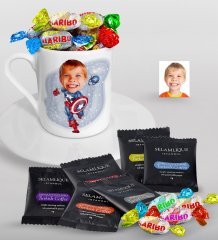 Kişiye Özel Çocuk Kaptan Amerika Karikatürlü Türk Kahvesi Fincanı Selamlique Karışık Türk Kahvesi ve Haribo Şeker Hediye Seti-1