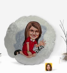 Kişiye Özel İsimli Kız Çocuk Karikatürlü Yuvarlak Dekoratif Kırlent Yastık-2