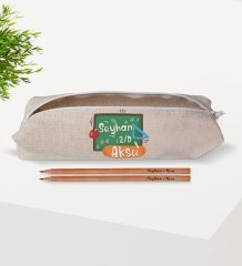 Çocuklara Özel İsimli Sınıflı Keten Okul Kalemliği ve Ahşap Kurşun Kalem Hediye Seti-7