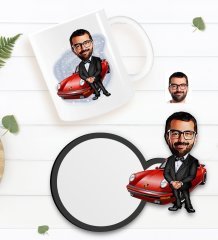 Kişiye Özel Erkek Patron Karikatürlü Beyaz Kupa ve Ahşap Bardak Altlığı Hediye Seti-1